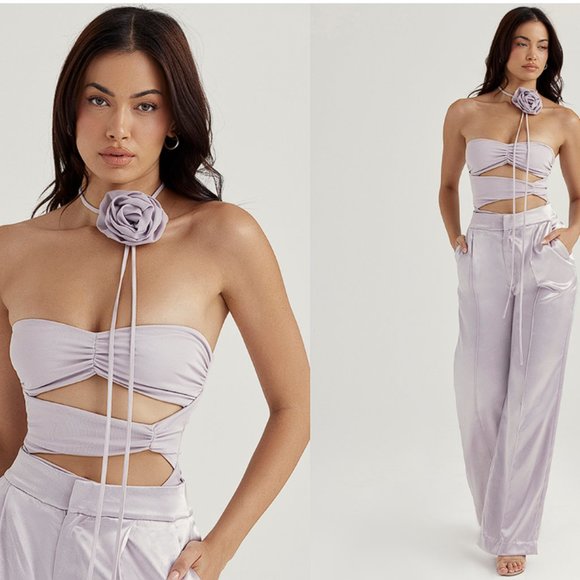 HOUSE OF CB 'Joie' Grey Flower Trimmed Bodysuit NWOT - Picture 1 of 8
